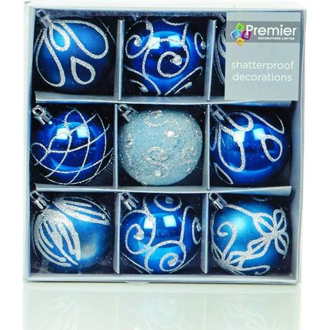 Shatterproof Mixed 9 Pack of Christmas Baubles - Midnight Blue - Various Designs