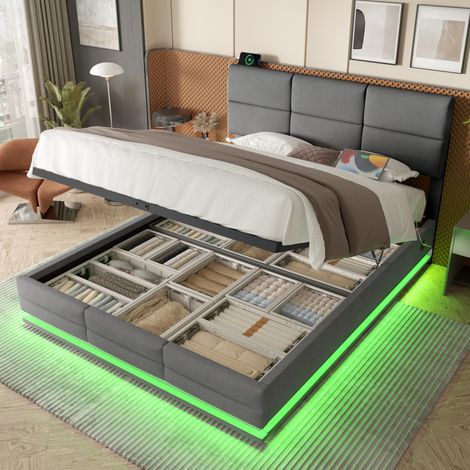 Bettkastenbett 180x200 cm aus grauem Samt mit LED, USB/Type-C und verstellbarem Kopfteil OKMYHOME (1/5)