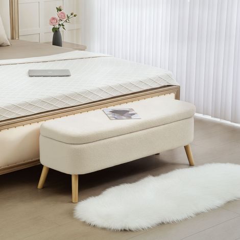 Banc de rangement. bout de lit avec couvercle. pieds en bois. capacité 65 L. jusqu'à 220 kg. 120x42x45cm. beige
