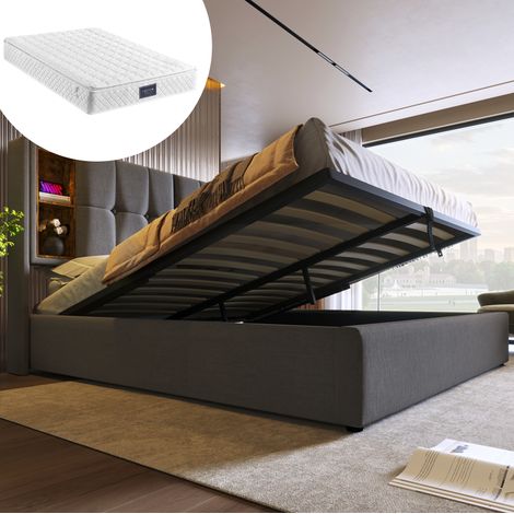 Lit double 160/200 cm gris en coton avec rangement, charge sans fil et matelas à ressorts (1/5)
