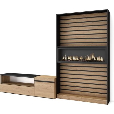 Skraut Home - Ensemble Meuble TV, Meuble Salon Complet, 260x186x35cm, Pour les TV jusqu'à 65", Cheminée électrique, Style moderne, Chêne et noir (1/5)