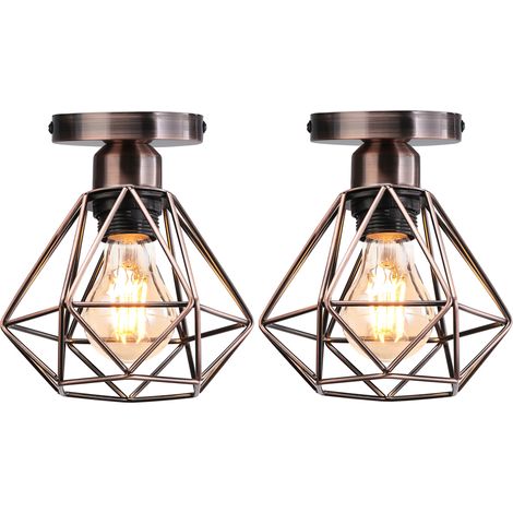 STOEX Lot de 2 Plafonnier industrielle vintage design rétro cage en métal fer forge, Suspension luminaire E27 lampe de plafond diamant Ø16cm - Laiton rouge