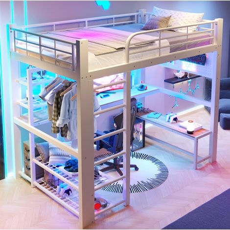 Lit mezzanine 140x200 cm métal blanc avec bureau, rangement intégré, sans matelas – MEUBLIV (1/5)