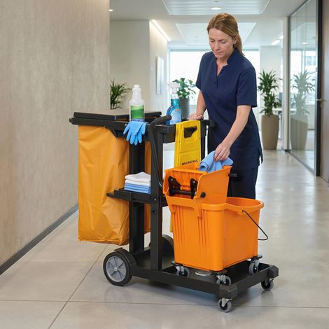 Chariot de ménage 3 étagères, roulettes, sac 70L, seau à essoreuse intégré. (1/5)