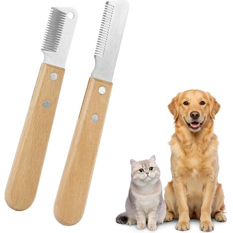 Inoxydable Trimmer, 2 Pièces Outil de Toilettage pour Animaux de Compagnie avec Manche Ergonomique en Bois, Couteau à Dénuder pour Chats et Chiens de Cheveux Longs et Courts (1/5)