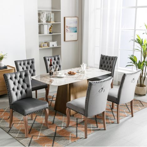 DESMIU Chaise de salle à manger en velours avec anneau arrière et clous décoratifs, pieds en bois massif, Gris (1/5)