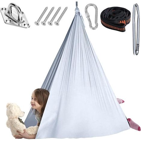 Blanc 280&150 cm Hamac élastique pour enfants, suspension d'intérieur, yoga pour adultes, chaise suspendue d'extérieur élargie, balançoire de patio, entraînement à l'intégration sensorielle. (1/5)