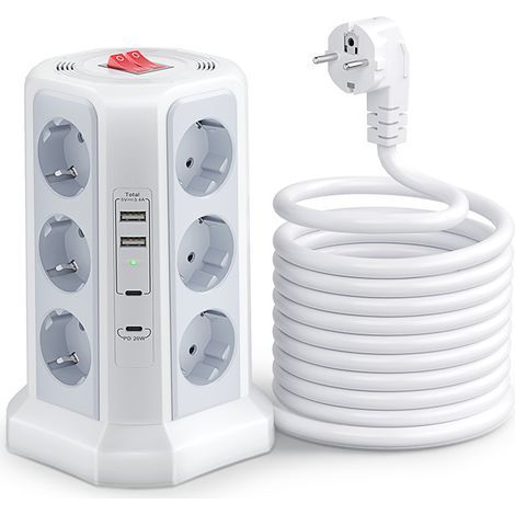 Multiprise avec Interrupteur, Tour Multiprise 12 Prises et 4 USB（2 USB-A&2 USB-C, 1.5M Câble à la Maison et au Bureau - Blanc (1/3)