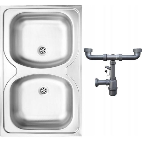 2-Becken-Stahl-Aufsatzspüle 80x50 satiniert mit Apollo-Siphon