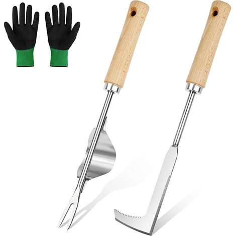 Manual Weed Killer, 3 Piece Stainless Steel Weed Killer with Wooden Handle, Weed Puller for Weeding in Gardens, Parks and Vegetable Gardens (1/5)