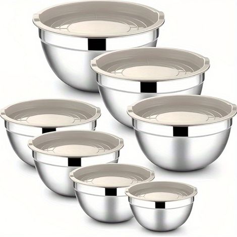 Ensemble de 7 bols à salade - bol mélangeur - bol à pâte - bol mélangeur avec couvercle - acier inoxydable - kaki (1/4)