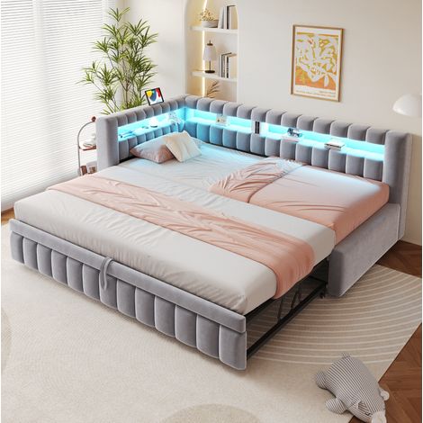 Sofá cama convertible 90x200 cm de terciopelo gris claro, con almacenamiento FloraGrace (1/5)