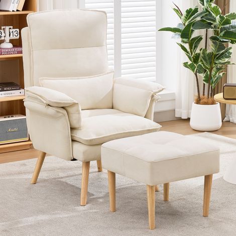 Poltrona relax con poggiapiedi, schienale regolabile a 5 posizioni, tessuto beige DESVIAE (1/5)
