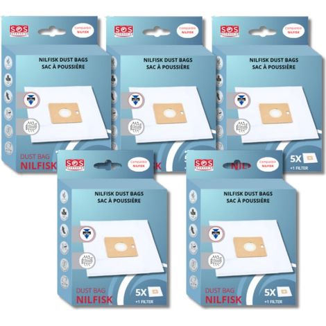 Ersatzteil - SOS Accessoire Lot de 5 boîtes de 5 sacs avec 1 pre filtre COUPE/COMPACT/GO/FORCE pour Aspirateur NILFISK 78602600, 22422400 - - NILFISK, FAKIR