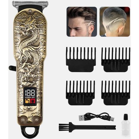 Tondeuse à cheveux électrique rétro - Motif dragon doré - Affichage numérique - Rechargeable par USB (1/4)