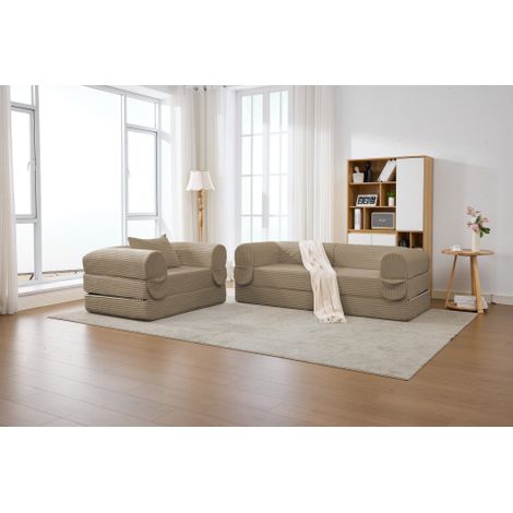 Ensemble canapé modulaire en velours côtelé 1 place + 2 places, canapé de sol sans structure, banquette épaisse rembourrée en tissu velours côtelé rayé, canapé d'angle moderne pour salon, chambre et a (1/5)