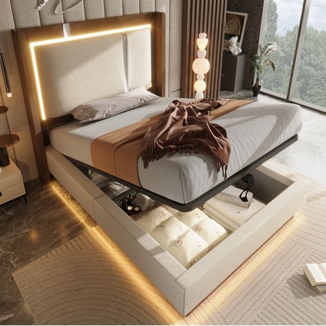 DESVIAE Lit simple rembourré 90 x 200 cm avec sommier à lattes LED rangement hydraulique tête de lit 60 cm beige noyer style rétro en bois et métal (1/5)
