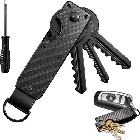 Compact black aluminum key organizer, silent, scratch-resistant key case for up to 6 keys, expandable screw system with D-ring for car keys, EDC, and personal screwdrivers (1/5)