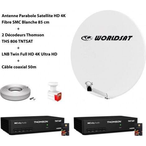 Kit Antenne Parabole Sat HD 4K Fibre SMC Blanche 85cm WORLDSAT + 2 Décodeurs Thomson THS 806 TNTSAT + LNB Twin Full HD 4K Ultra HD + Câble coaxial 50m (1/5)