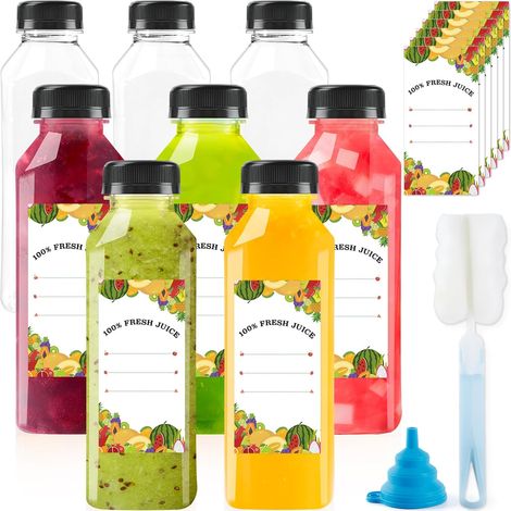 Ensemble de 8 mini-bouteilles à jus, bouteilles d'eau réutilisables de 480 ml avec bouchons, entonnoir bleu, goupillon et 8 étiquettes, bouteilles vides pour smoothies (jus, lait, eau). (1/5)