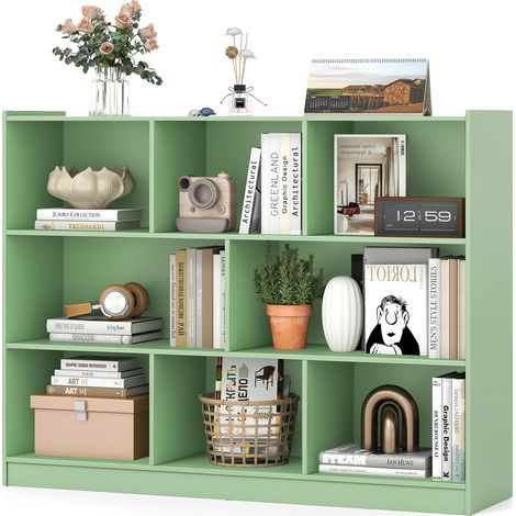 Bibliothèque Enfants à 3 Niveaux avec 8 Cases, Étagère à Livres avec Espace de Rangement, Charge 60kg, 122 x 32 x 93 CM, Vert (1/5)