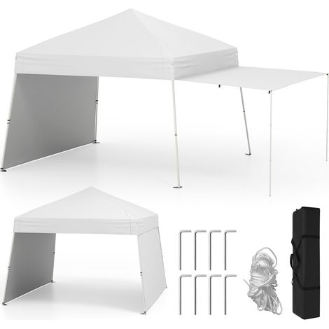 Tonnelle pliante blanche 14 x 9,2 pieds avec 2 parois convertibles en auvent et piquets pour jardin, terrasse et plein air (1/5)
