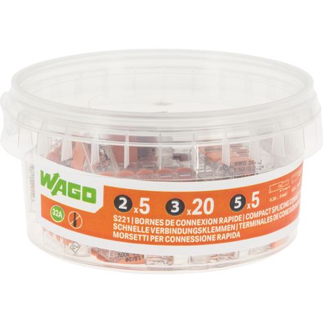 Wago – Pot de 30 bornes de connexion automatique S221 – CAGE CLAMP® 0.14 à 4 mm² – 32 A 405 V – 5 bornes 2 entrées, 20 bornes 3 entrées, 5 bornes 5 entrées