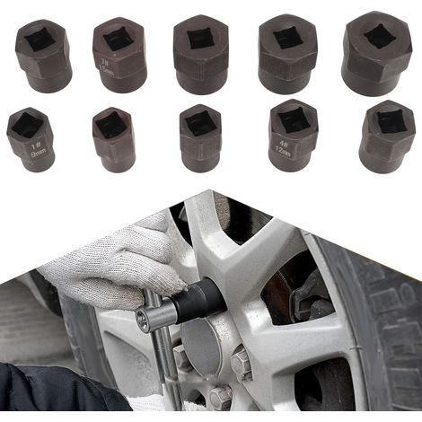 Ensemble de 10 extracteurs d'écrous hexagonaux, 3/8", pour retirer les vis et les boulons rouillés ou endommagés, comprenant des clés à douille avec poignées antidérapantes et trempées. (1/5)
