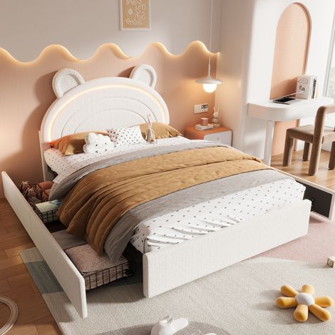 Polsterbett für Kinder 140/200 cm Beige mit 4 Schubladen, Ohren-Kopfteil und App-LED (1/5)
