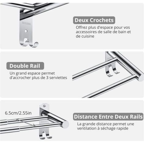 Porte Serviette Rétractable 50-90 Cm Seche Serviette Double Porte-Serviettes Réglable en Acier Inoxydable Barre Porte-Serviette Mu (1/4)