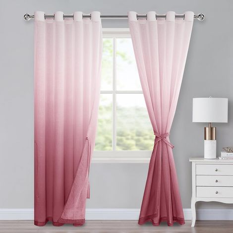 Lot de 2 rideaux en voile avec œillets - Dégradé de couleur - Pour chambre à coucher et salon - Avec embrasses - 225 x 140 cm (H x l) - Bordeaux (1/5)