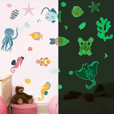 Autocollant phosphorescent thème de l’océan, Dessin Animé Mignon Mer Autocollant Enfants Plafond, Stickers Salle de Bain, Fluorescent Ocean Deco Chambre Bébé Garçon, Mer Animaux 30x20cm (1/5)