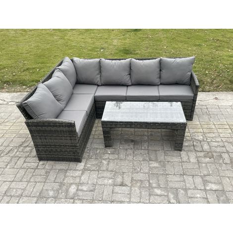 Fimous 6 Seater Outdoor Rattan Garden Furniture Set Corner Sofa Oblong Coffee Table Sets Dark Grey Mixed