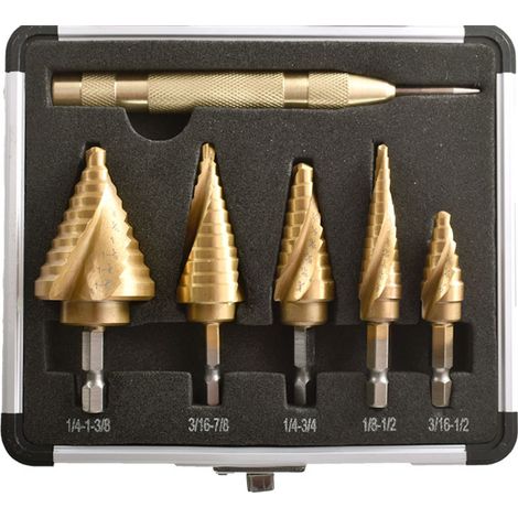 6 Pcs Foret Fraise Meche Etage, Foret Étagé, avec Boîtier en Aluminium Professionnel, Tige Hexagonale, avec Tampon de Centrage Automatique, Perçage Précis Dans L'acier, le Métal (1/5)