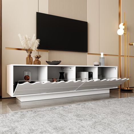 Meuble TV  blanc 170 x 45 x 40 cm, 4 portes design ondulé, étagères en verre trempé, MDF/panneaux (1/5)