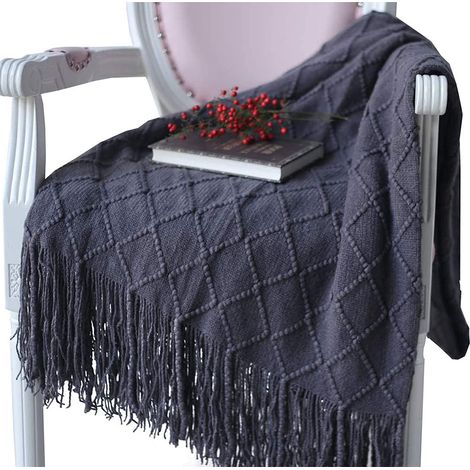 1 Couverture en laine tricotée avec franges, douce pour canapé, lit, camping et pique-nique (1/5)