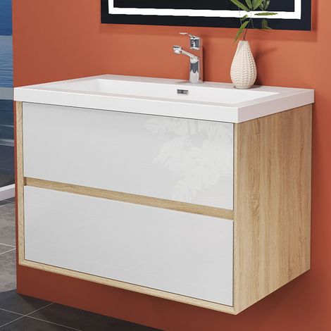 AICA Bathroom Vanity Unit 790x460x520mm MDF Wall-mounted,Matte White&Oak Color,Dual-drawers Silent track,Detachable + Artifical Stone Square Basin (1/5)