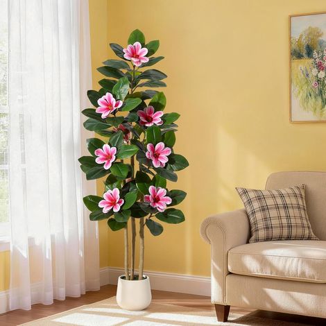 Arbre Ficus Faux 152 cm  Plante Artificielle Intérieur Feuilles Toucher Réel & Troncs Multiples  Pot Fausse Plante Avec Fleurs Blanches Pour Décoration Maison Bureau Salon (1/5)