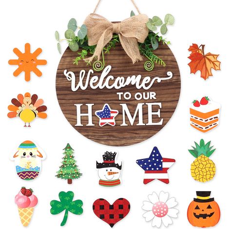 Panneau de bienvenue saisonnier interchangeable Décoration de porte d'entrée, couronnes en bois rondes rustiques à suspendre à l'extérieur, ferme, porche, pour le printemps, l'été, l'automne, toutes l