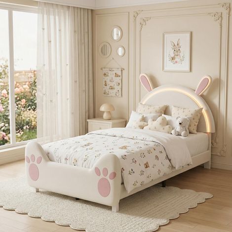 Lit Enfant 90x190 cm, Lit fille avec Tête de Lit Capitonnée – Confortable et Design, Sommier à Lattes Inclus – Blanc (1/5)