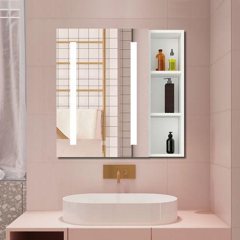 Aica Armoire avec miroir LED de Salle de Bain Murale, 70x40cm avec Prise Rasoir+Anti-Buée + Tricolore + Dimmable +armoire latérale, Blanc
