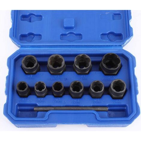 Jeu de 11 douilles extracteurs de vis 9-19mm, acier Cr-V, avec tige de centrage (1/5)