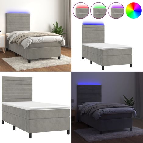 Cama box spring colchón y LED terciopelo gris claro 90x190 cm - Colchón con LED - Cama box spring