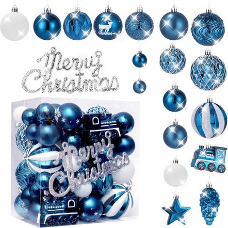 Boules de Noël, lot de 65 boules de Noël en plastique, décorations de Noël, dorées et bleues, avec inscription « Joyeux Noël » dorée. (1/5)