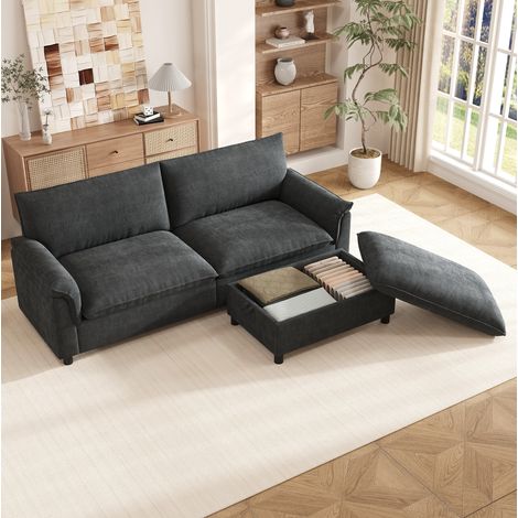 Canapé d'angle modulable 2 places, Canapé en L avec pouf coffre, Dimensions 216x77x82 cm, tissu chenille noir (1/5)