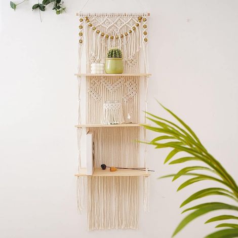 Étagère Murale bohème en macramé à 3 Animaux tissée à la Main - Organisateur de Pompons tissés à la Main - Cintre Flottant pour la décoration de (40 x 120 cm) (1/5)
