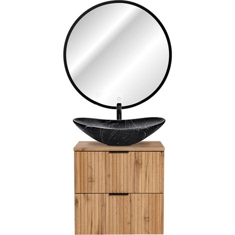 Badmöbel Set Wotaneiche Rillenoptik Keramik Waschtisch, LED-Spiegel schwarz mit Touch, B/H/T 80/200/46,5 cm (1/5)