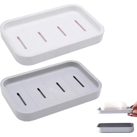 2 Pièces Porte-Savon avec Drain, Support de Savon avec Bac, Porte Savon Douche Plastique Double Couche, Boite à Savon Portable pour Salle de Bain Cuisine Éviers, Nettoyage Facile, Sec (Gris + Blanc)