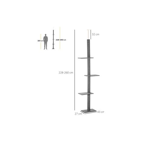 Arbre à chat gris réglable de 228 à 260 cm du sol au plafond avec griffoirs et plateformes pour salon chambre et intérieur (1/5)