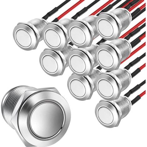 10 Stück vorverdrahtete, wasserdichte Drucktaster, 12 mm, Momentan-Drucktaster aus Edelstahl, 2 A 12 V/24 V/125 V/250 V AC (Flachkopf) (1/5)